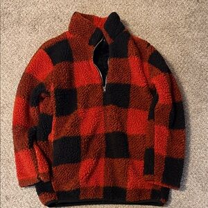 Cozy Red and Black Plaid Zip-Up Sweater